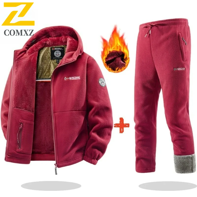 

Мужской комплект спортивной одежды 2025 Премиум для кемпинга на открытом воздухе, толстая шерстяная куртка + брюки, легкий теплый спортивный костюм из двух предметов для бега