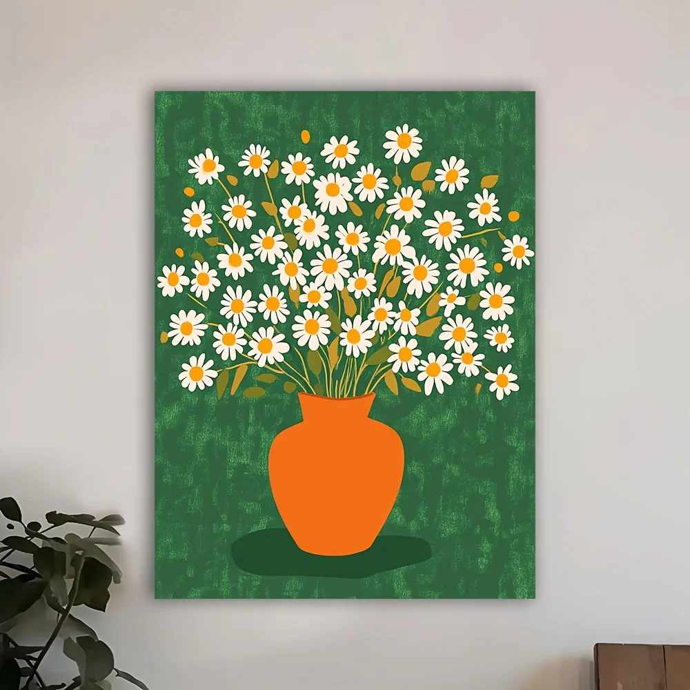 (No frame)2D Flat, 1pc Modern Minimalist Framed - Bright White & Yellow Daisy Bouquet Painting with Orange Vase on Green Back