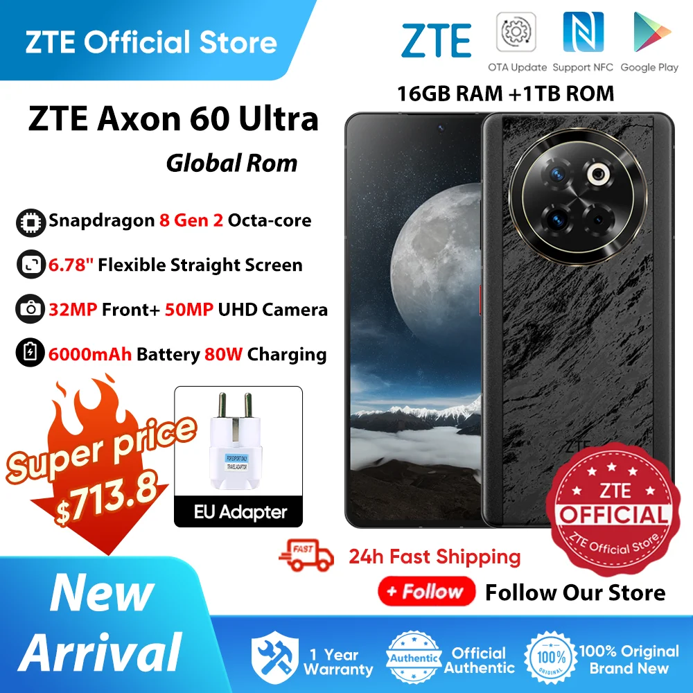 ZTE-teléfono inteligente Axon 60 Ultra 5G, Smartphone con Snapdragon 8 Gen 2, Pantalla AMOLED de 6,78 pulgadas, 120Hz, SIM Dual, 6000mAh, 80W de carga, desbloqueado, ROM Global