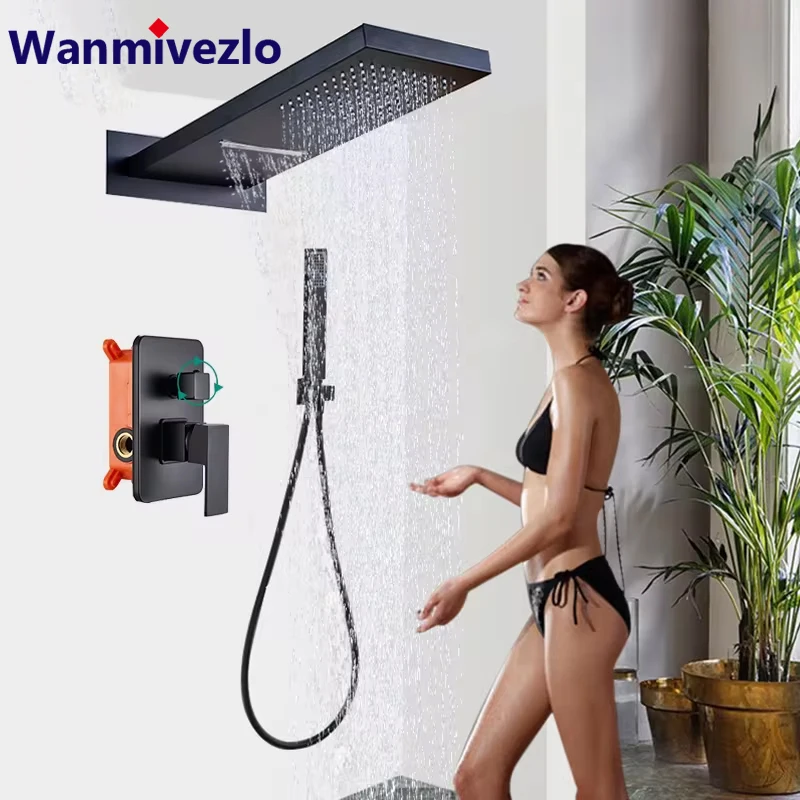 Black Rainfall Shower Faucets Wall Mount 3 Function Waterfall Shower Head Shower Set With Handshower Concealed Shower System