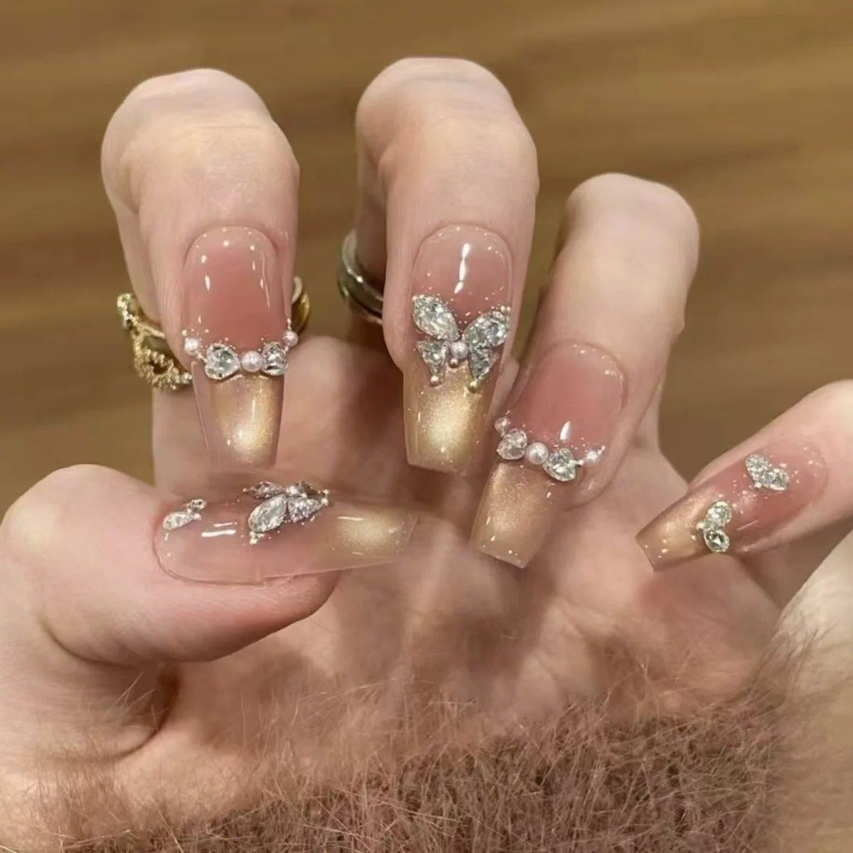 

24Pcs Long Square Press on Nails - Stacked Rhinestone Pearl Butterfly, Silver Border, Heart French Tip and Cat Eye Design