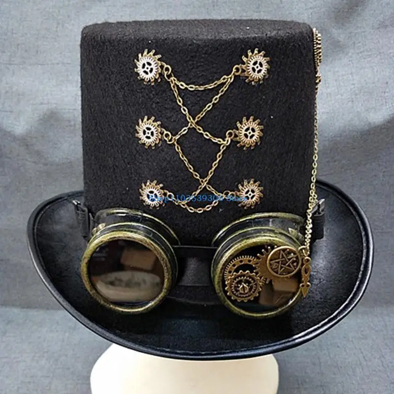 

400A Steampunk Men Hat With Goggles Top Hat Jazzs Hat Gothic Steampunk Hat Cosplay