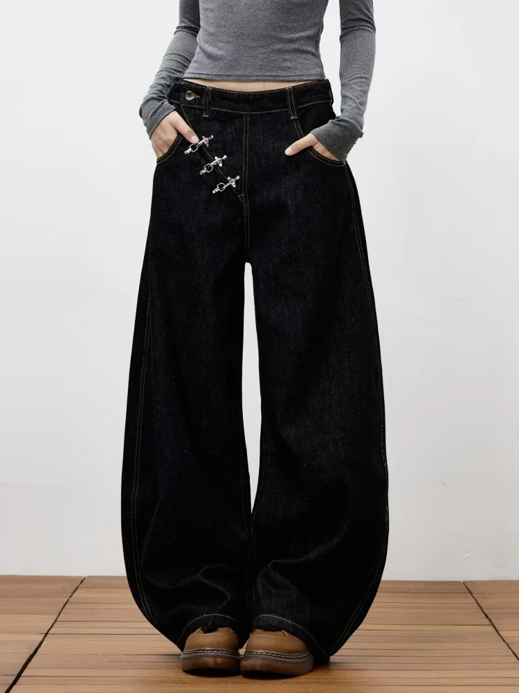 

American Irregular Airplane Buckle Black Gothic Hip-Hop Jeans Loose Men And Women Fashion Retro Streetwear Wide Leg Casual Pants