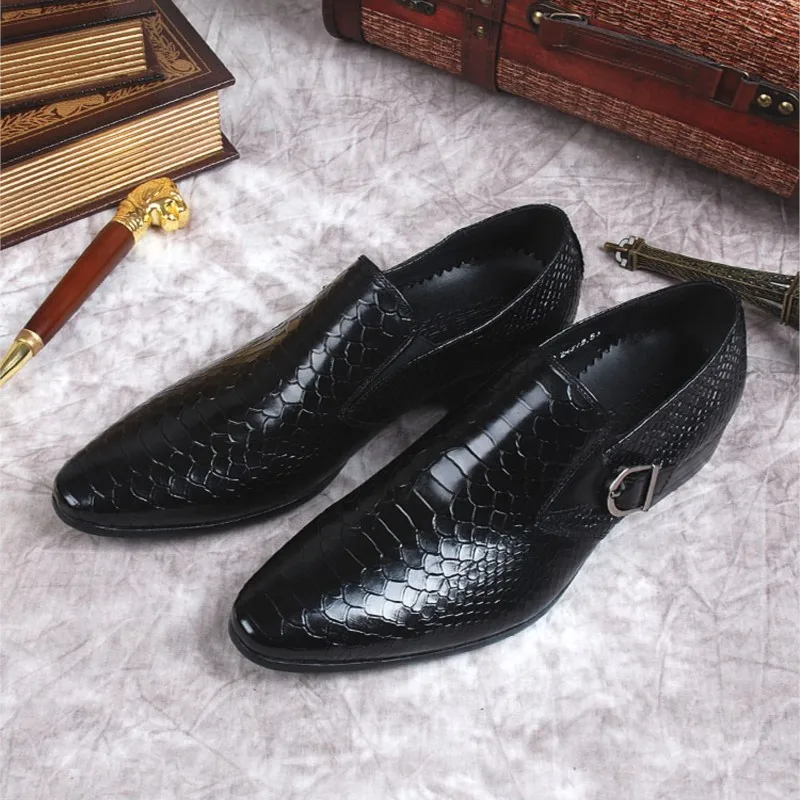 HKDQ Black Burgundy Mens Loafers Shoes Genuine Leather Slip On Pointed Toe Formal Party Wedding Office Dress Shoes Men Oxford