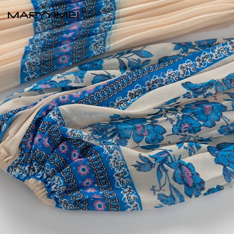 MARYYIMEI Fashion design Women's Dress Stand collar Lantern Sleeved High waist Vintage Print Pleated Splicing S-4XL Dresses