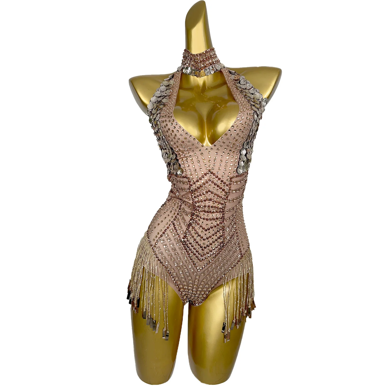 Women Rhinestones Sequins Tassel Leotard Nightclub Outfit Singer Dancer Costume Stage Wear Sexy Performance Bodysuit Jinbaobei