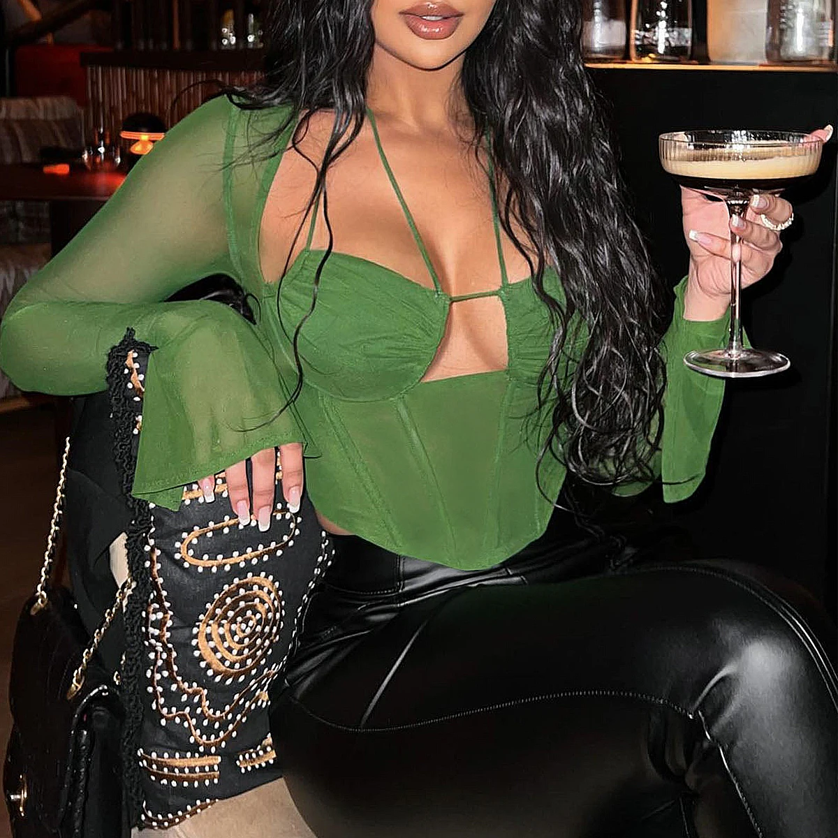 Women's pullover, tie up, hanging neck, fishbone, steel ring, sexy see through mesh, long sleeved top