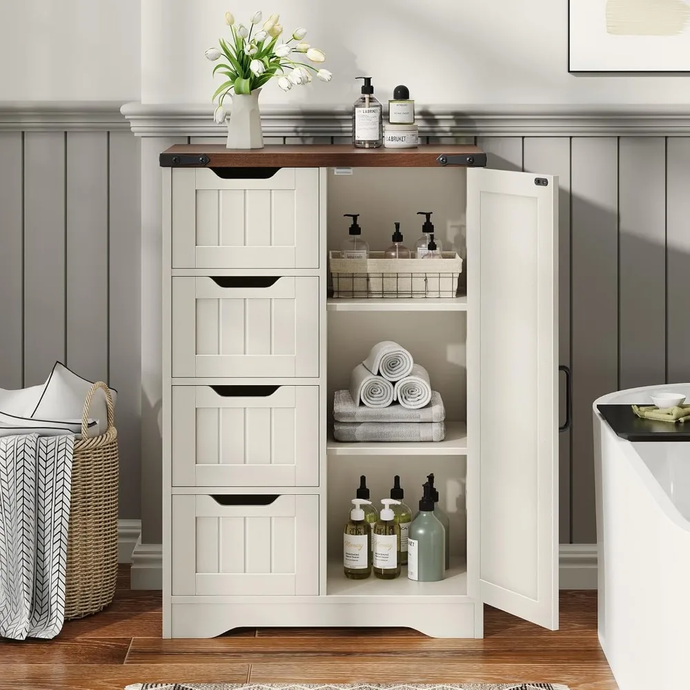 

Farmhouse Bathroom Cabinet, Independent Storage Cabinet with 4 Drawers and 1 Door