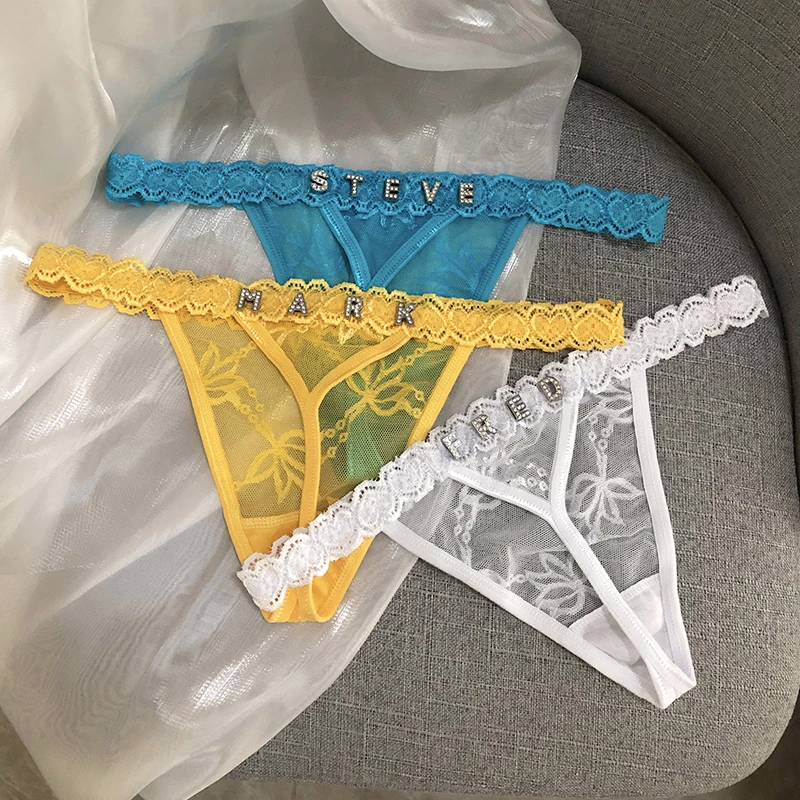 Custom Thong Name Crystal Letter Sexy Women Underwear Customized personalised G-String Panties tanga Hot Girl Wife Gift