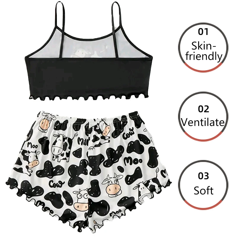 Women\'s Pajamas Set Sleepwear 2 PCS Camisole And Shorts Sports Cow Cartoon Print Ventilate Soft Casual S M L Black