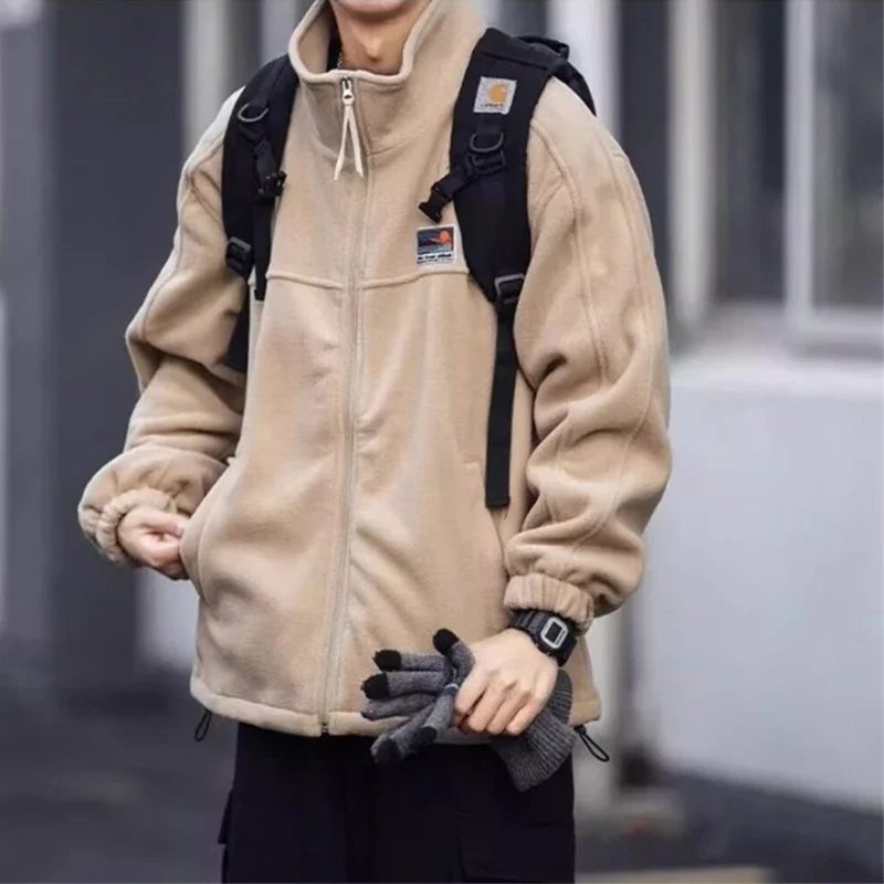 Autumn Vintage Polar Fleece Jackets Man Appliques Zipper Loose Fit Outwear Lambswool Coat Winter Stand Collar Bomber jacket