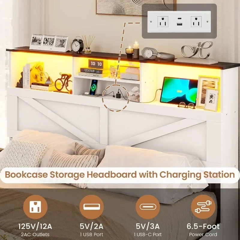 إطار سرير المزرعة بحجم كوين مع لوح رأسي لتخزين خزانة الكتب ومحطة شحن وأضواء LED وإطار سرير كوين خشبي مع 4 #4