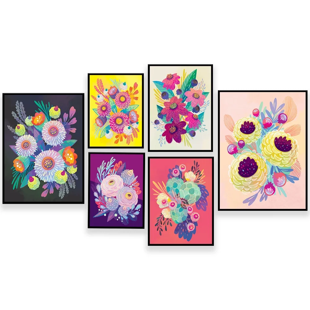 Spring flowers, colorful floral poster, violet impression, rose color, aesthetic art floral print botanical home decor