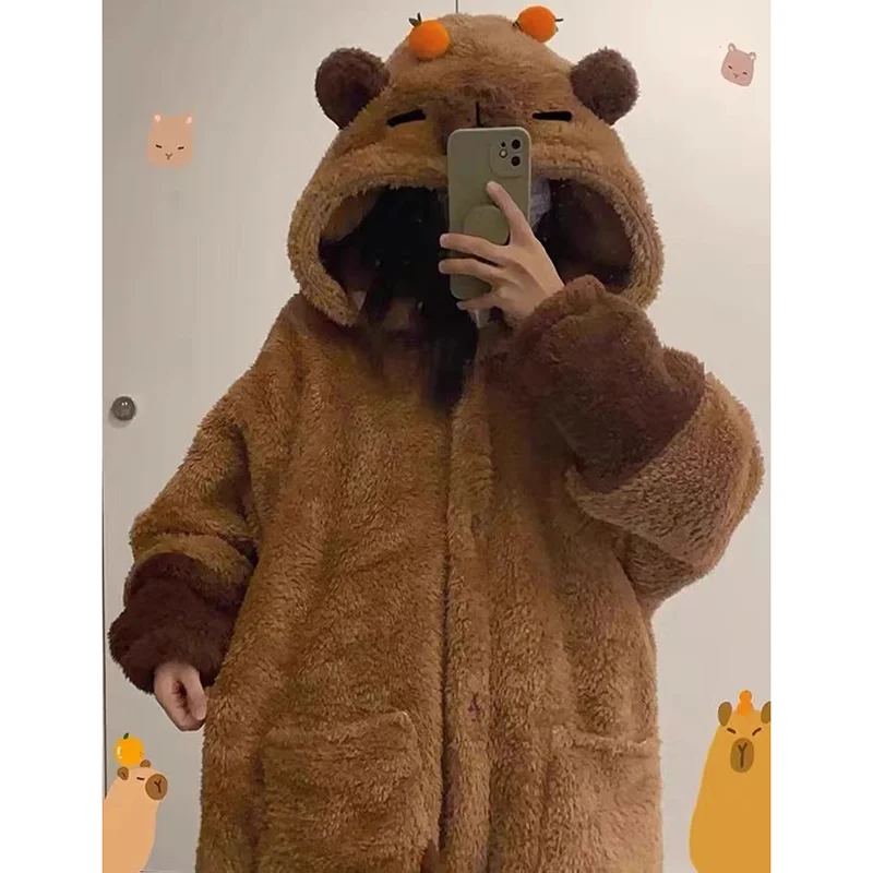 Kawaii  Capybara Winter Pajama Cartoon Animal Soft Plush Jumpsuit For Adults Kawaii Velvet Pajama Night Robe Cosplay Suit Gift