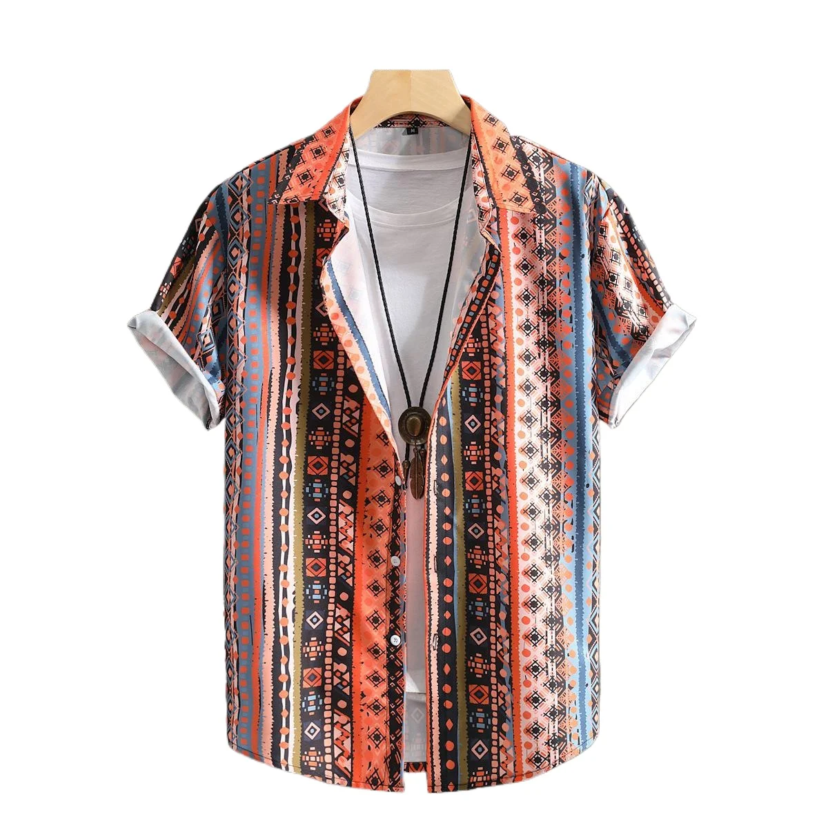 

Men Short Sleeve Shirt Orange Vertical Stripe Printed Fashion Men Summer Shirt