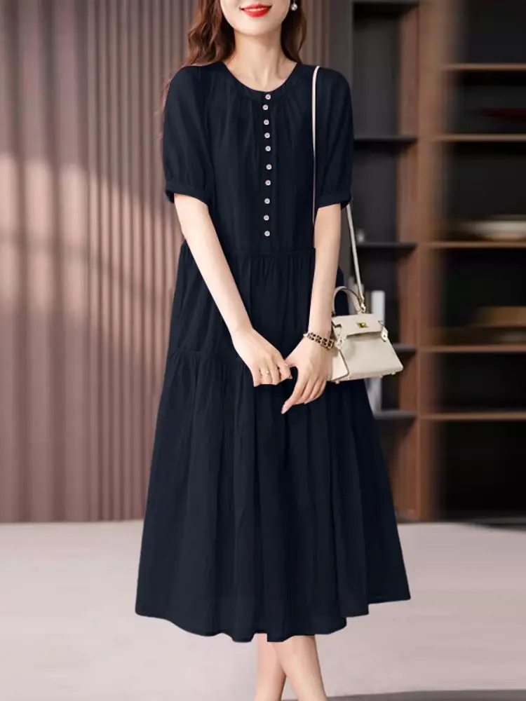 Zanzea 2026 verão vestido de verão elegante feminino manga curta ol vestidos de trabalho sólido vestido plissado casual o pescoço botão para baixo midi robe