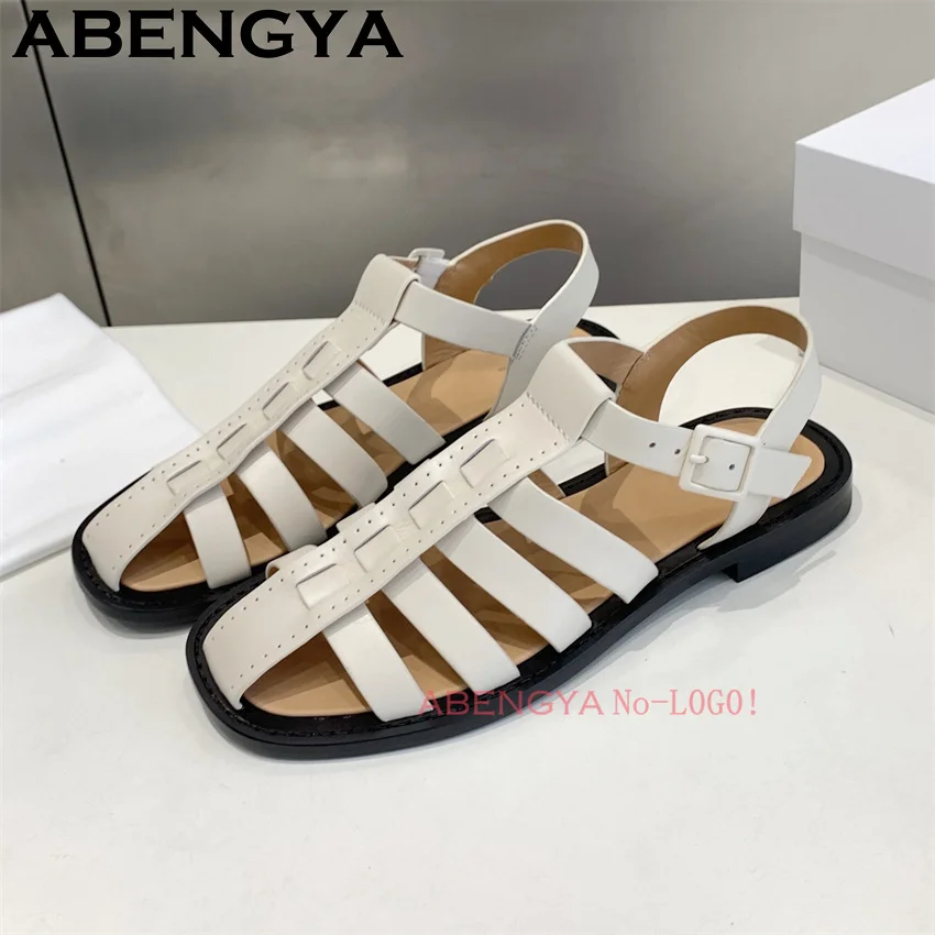 

Черно-белые кожаные сандалии с пряжкой и вырезами в римском стиле, женские летние повседневные сандалии на плоской подошве с круглым носком, пляжная обувь для женщин, Zapatillas mujer