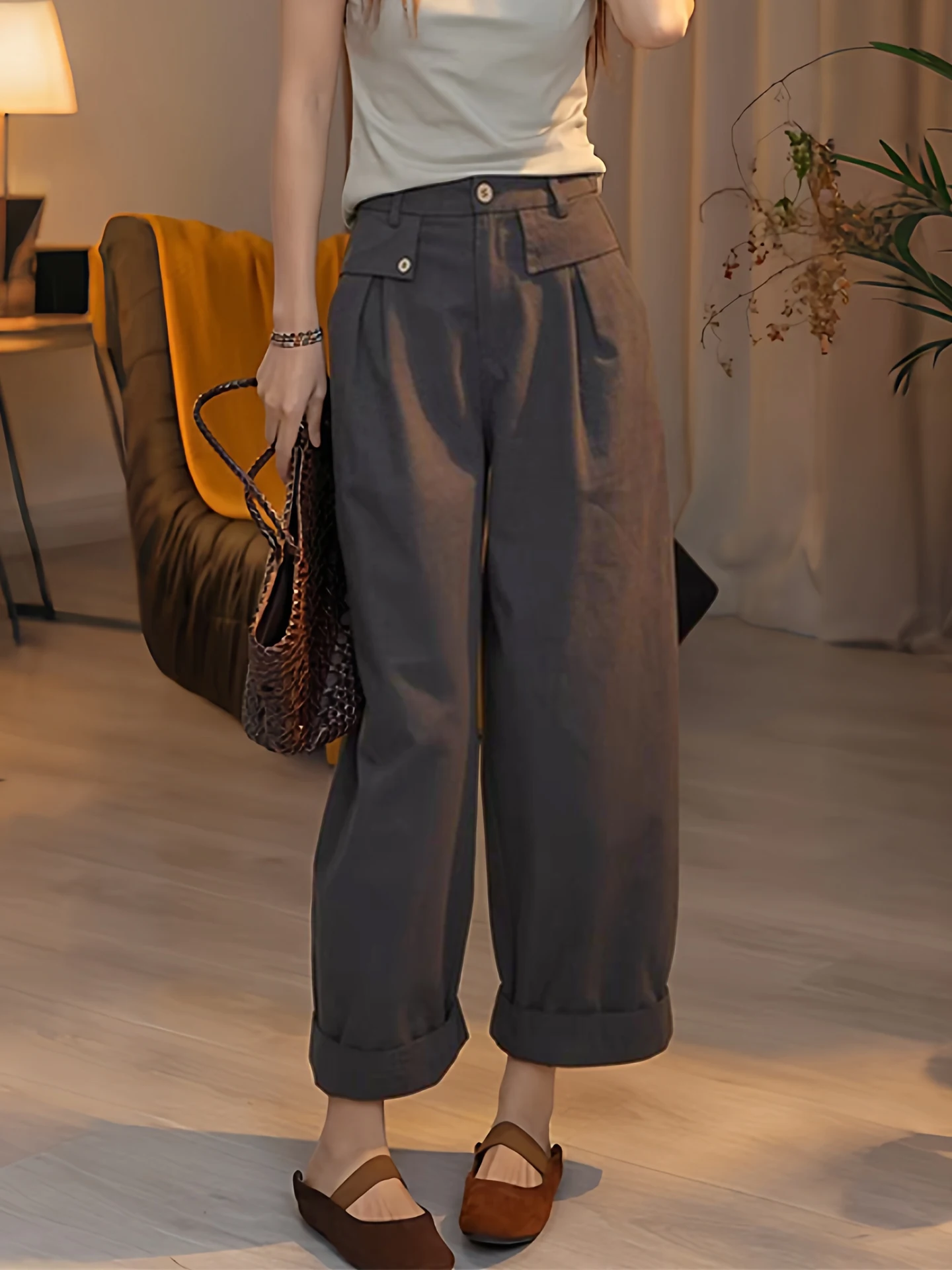 

Женские брюки с высокой талией и широкими штанинами, весна-лето 2026, новый стиль, маленький размер, свободные прямые повседневные брюки-кюлоты