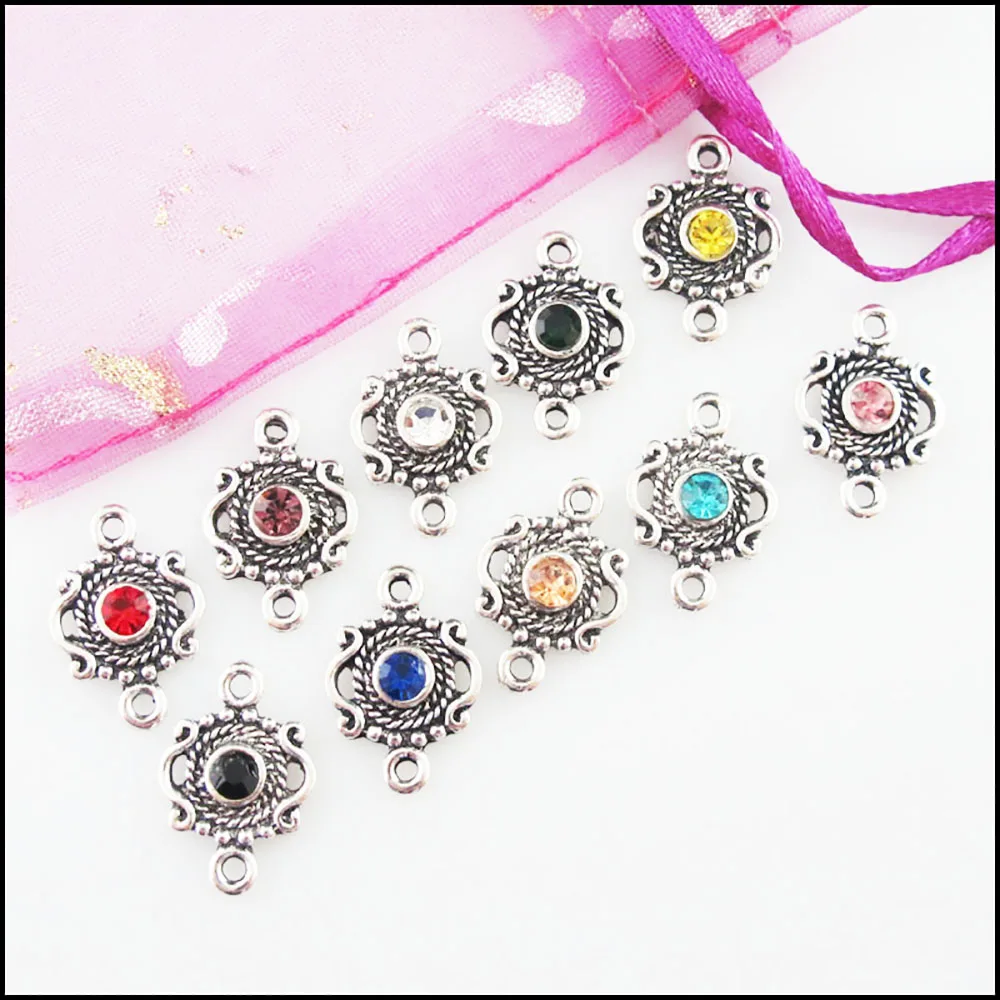 Fashion 20Pcs Mixed Crystal Tibetan Silver Plated Crown Flower Charms Connectors 13x19mm