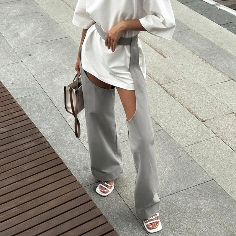 OMSJ 2024 Trendy Street Designer Gray High-waisted Hollow Button Up Versatile Straight Loose Pants Women Sexy Irregular Trousers