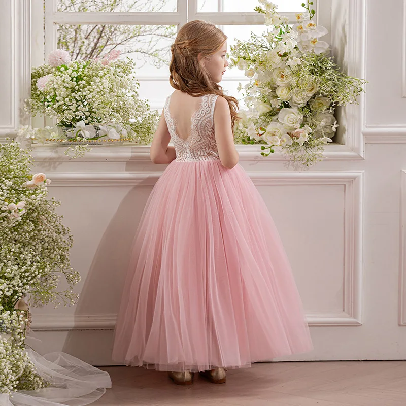 فستان الأميرة من التول المطرز بالدانتيل على شكل حرف V من الخلف للأطفال وحفلات أعياد الميلاد وحفلات الزفاف وحفلات التخرج الأولى