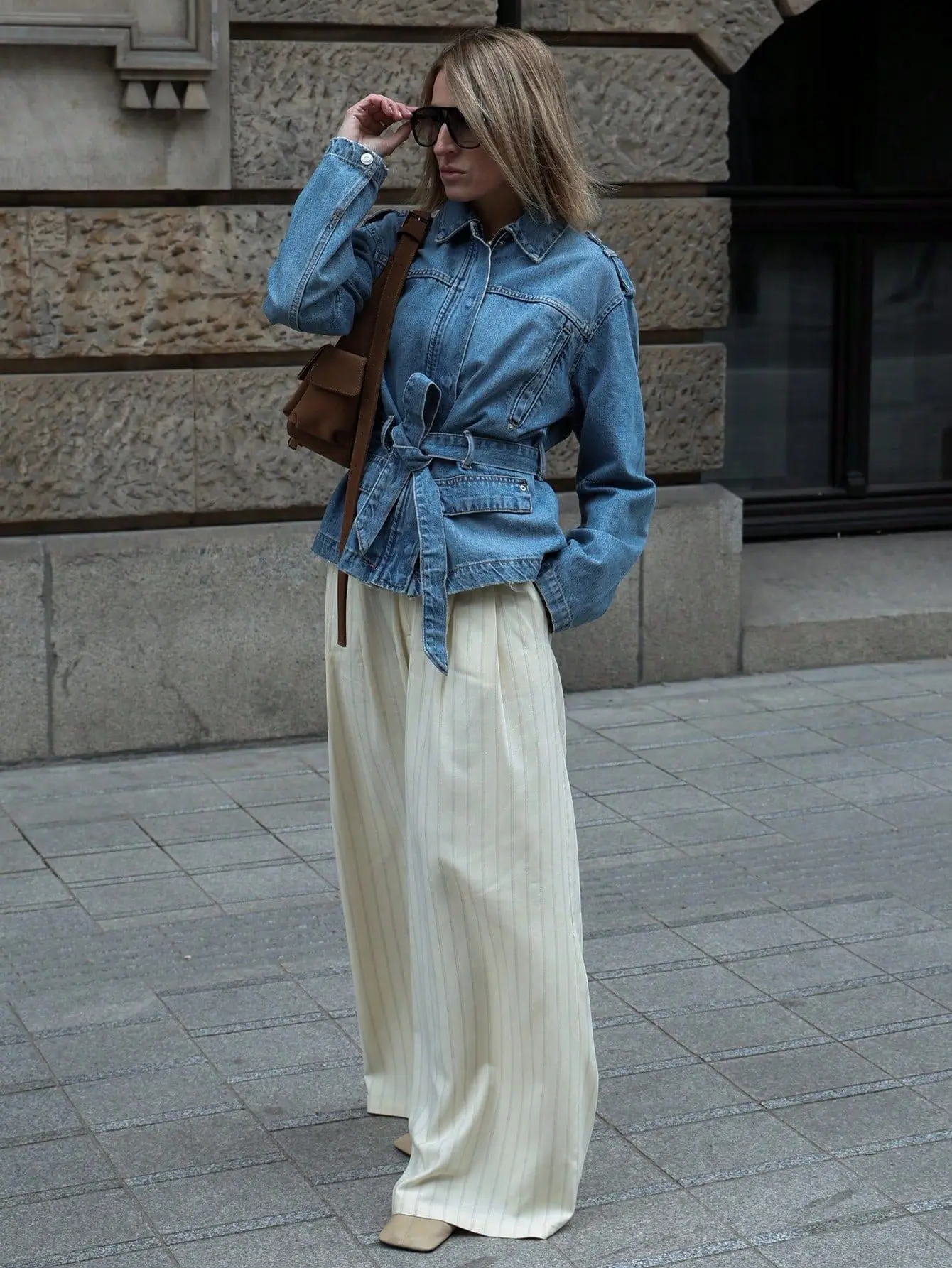 Waist strap lapel denim jacket women's spring and autumn loose long-sleeved casual top jacket jacket