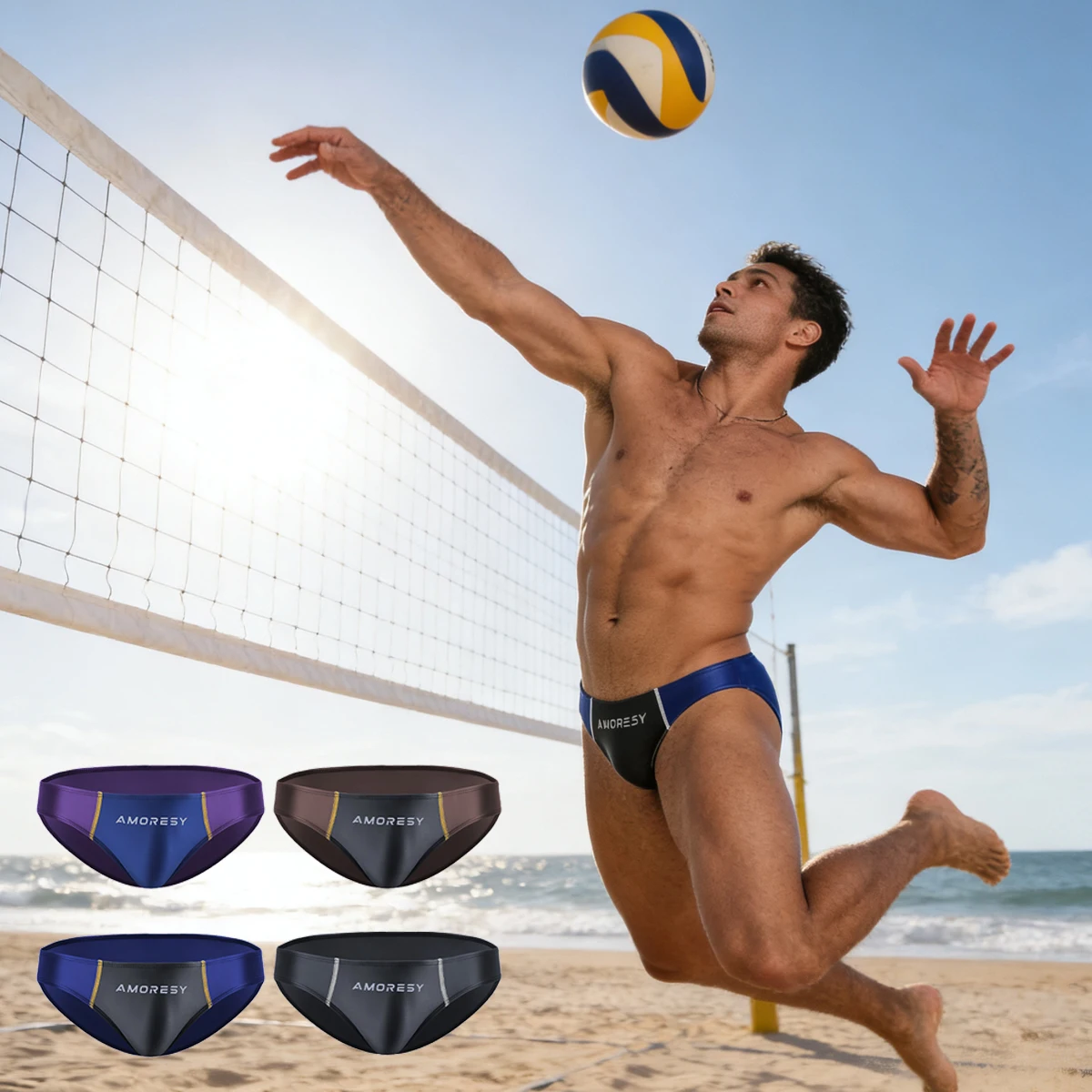 AMORESY Men Sexy Low Rise Sport Breathable Quickdry Swimming Trunks High Elastic Board Shorts Briefs Tight Underpants Beachwear