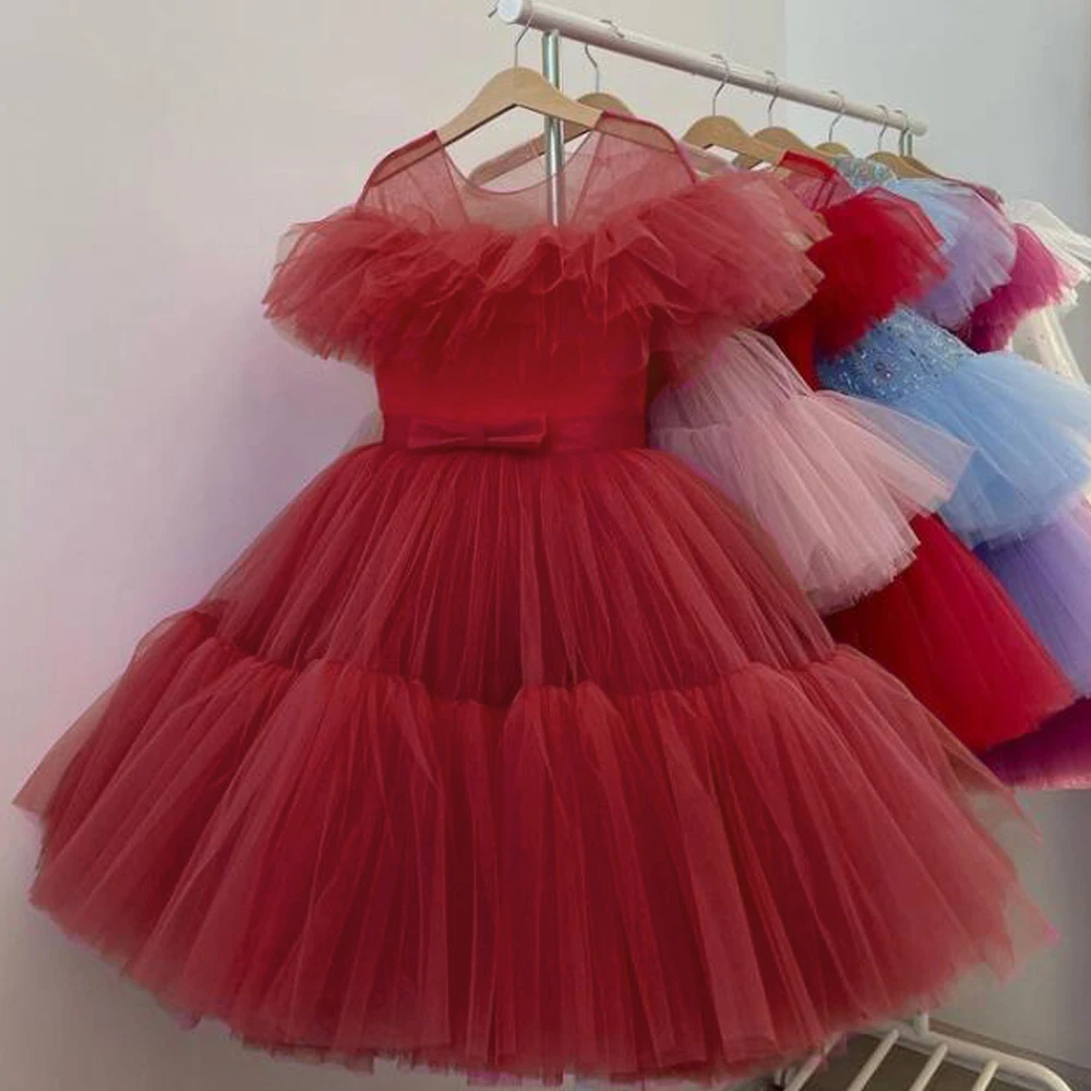 Fluffy Girls Red Party Dresses 3-10 Years Birthday Gala Princess Children Gown Formal Girl Wedding Prom Dress Bridemaid Vestidos