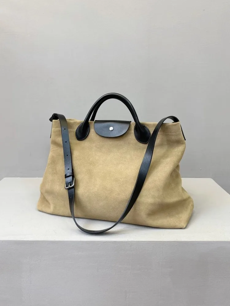 Office Ladies Large Capacity Single Shoulder Bag Vintage Design Tote Handabg Women Suede Cowskin Genuine Leather Crossbody Bags