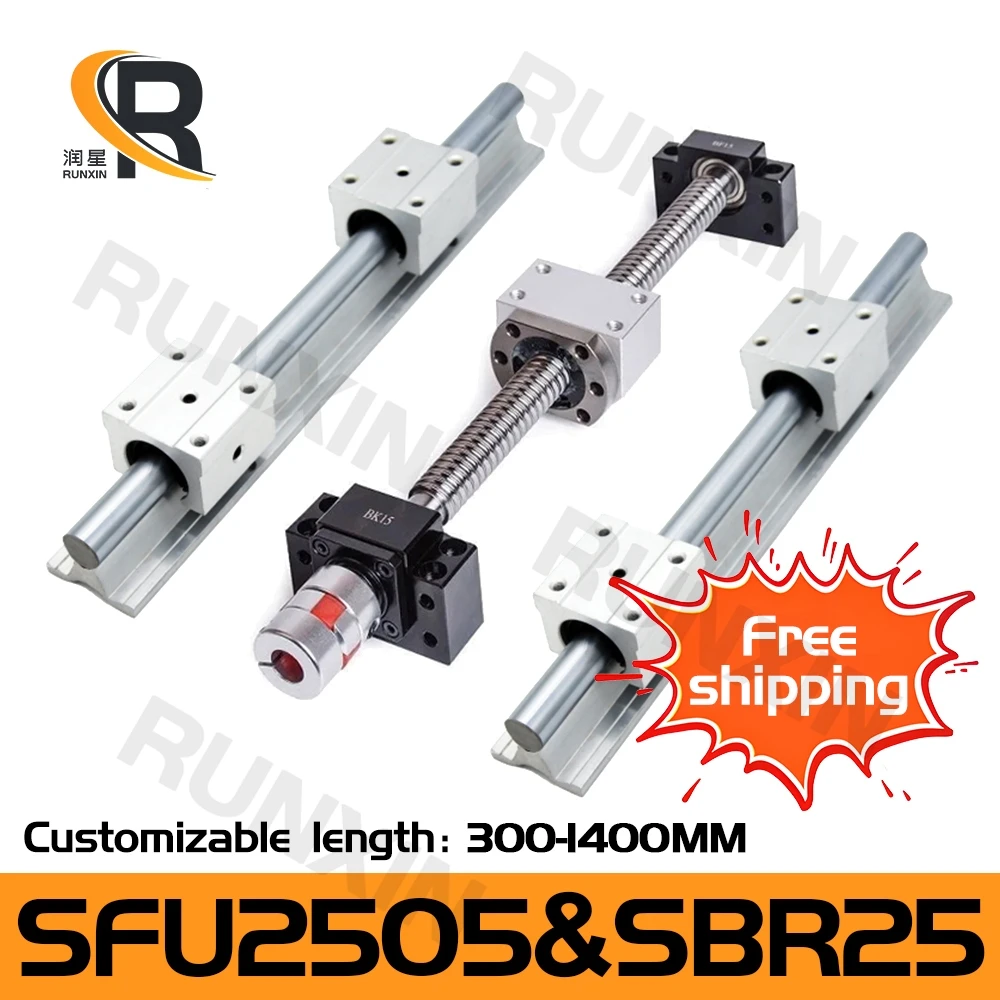 

RXTNC ball screw kit 2pcs SBR25 Linear Guides with 4pcs SBR25UU slider blocks+1 Kit SFU2505 300-1400mm for CNC Router Engraving