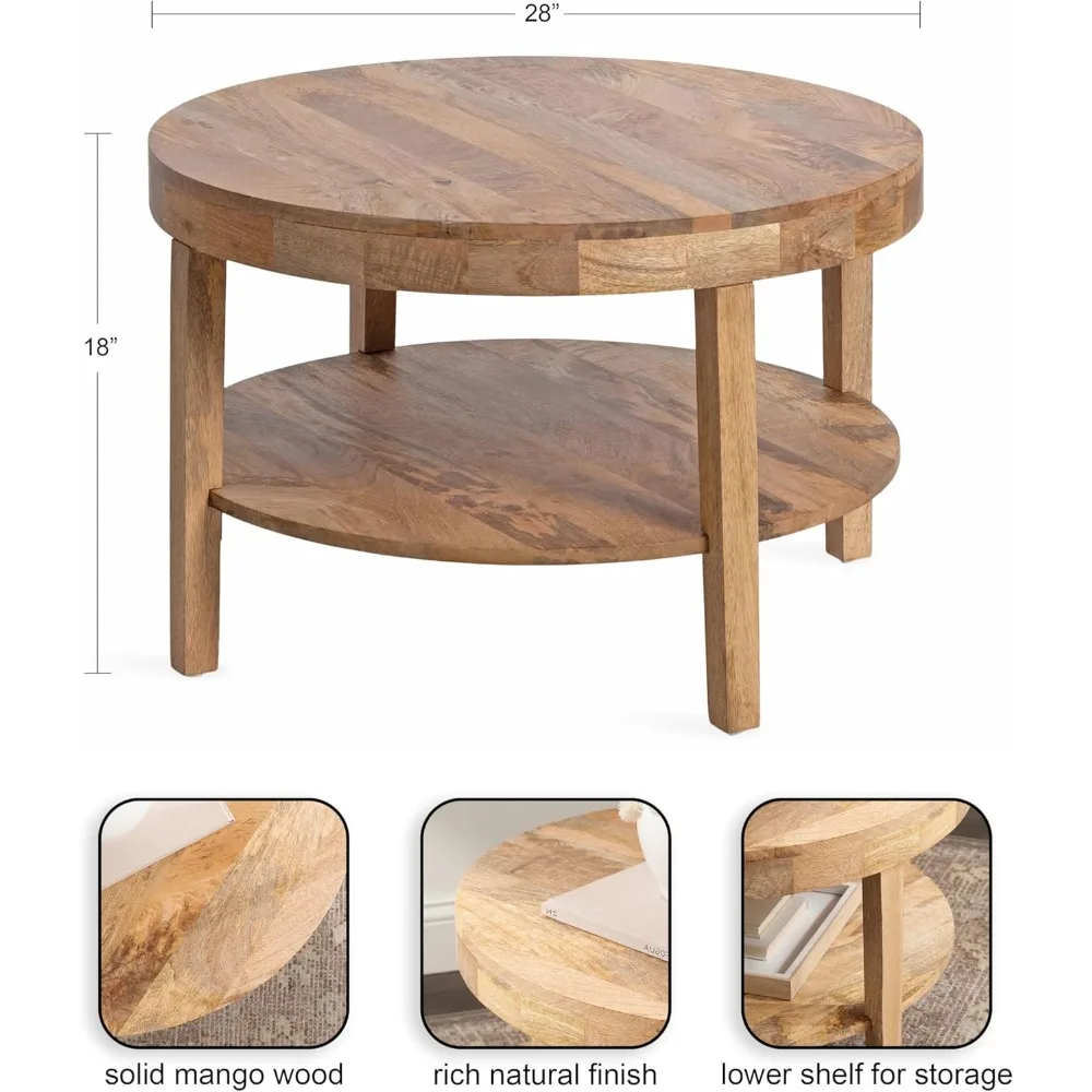طاولة قهوة مستديرة حديثة متدرجة، 28 × 28 × 18، خشب طبيعي، غرفة معيشة دائرية انتقالية من طبقتين T #3