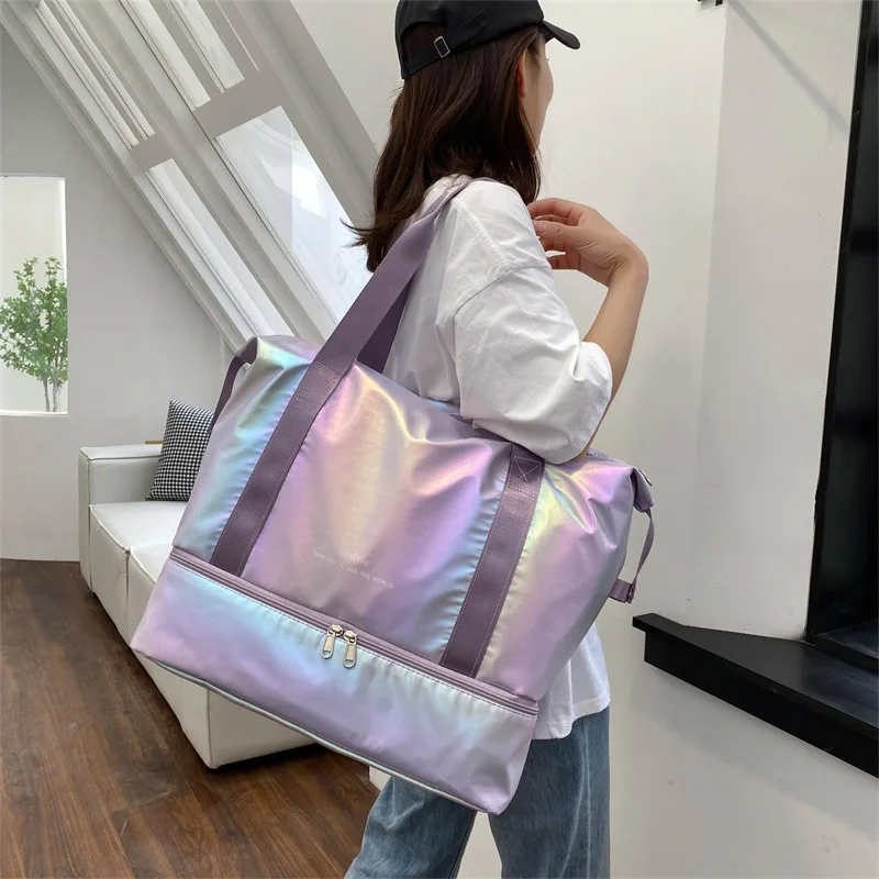 Mala de viagem impermeável para mulheres, bolsa de ombro grande, bolsa multifuncional, para armazenamento de ginástica esportiva e ioga, brilhante