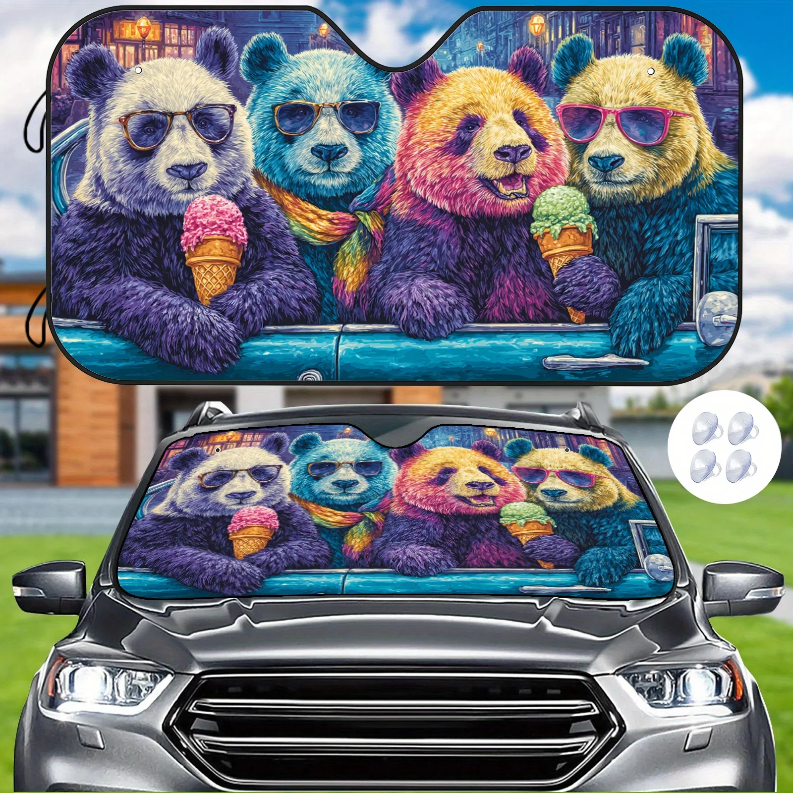Trendy Panda Ice Cream Car Sunshade, Featuring Vibrant And Fun Designs, Effectively Insulates And Maintains A Stable Temperature