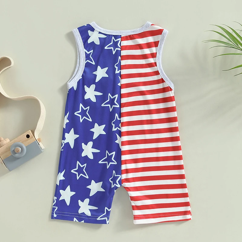 4th of July Baby Boys Romper American Flag Print Sleeveless Crew Neck Pocket Jumpsuits Patriotic Newborn Bodysuits Summer