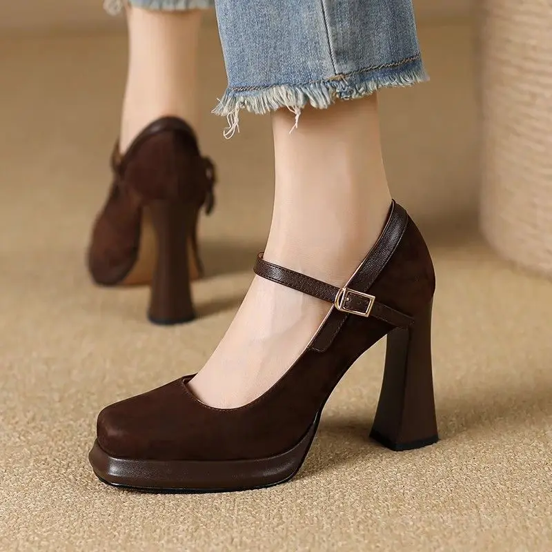 

Retro Women's Mary Jane Square Toe Block Heel Brown Platform Sole Shoes Casual Comfort​ Super High Heel Fashion Footwear