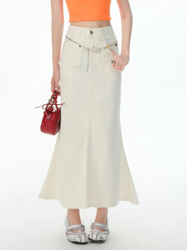 Beige Summer High Waist Stretchable Midi Mermaid Skirts 2025 Fashion Casual Slim Pocket Tassle Ladies Skinny Jeans Skirt