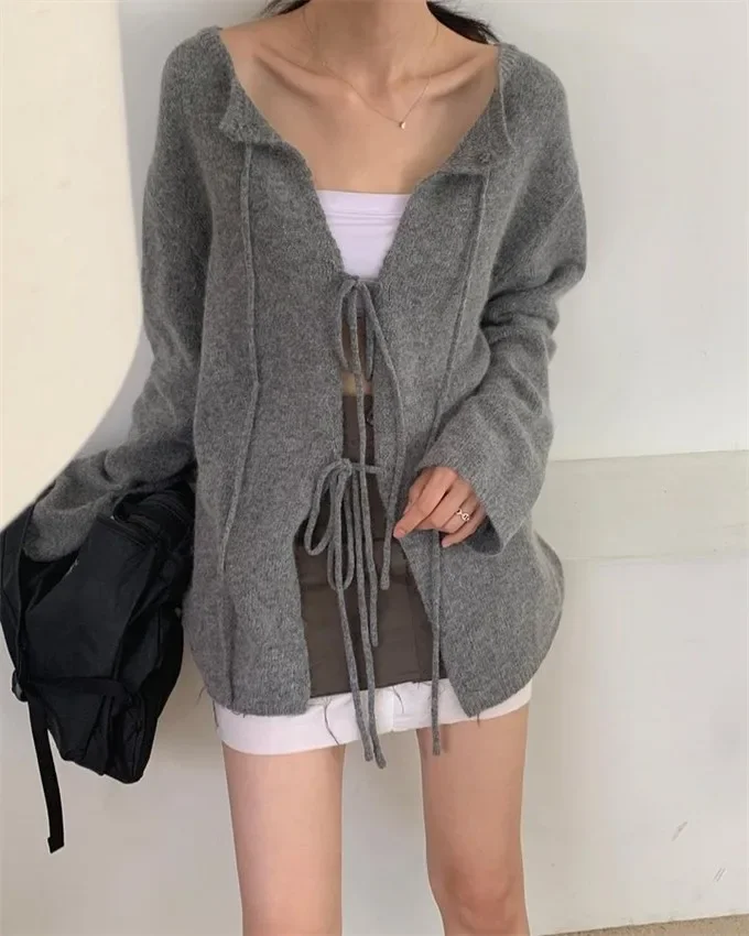 KUSAHIKI Autumn Winter Fashion Bandage Hollow-out Causal O-neck Knitted Sweater Coat 2023 New Solid Spicy Girl Cardigan Knitwear