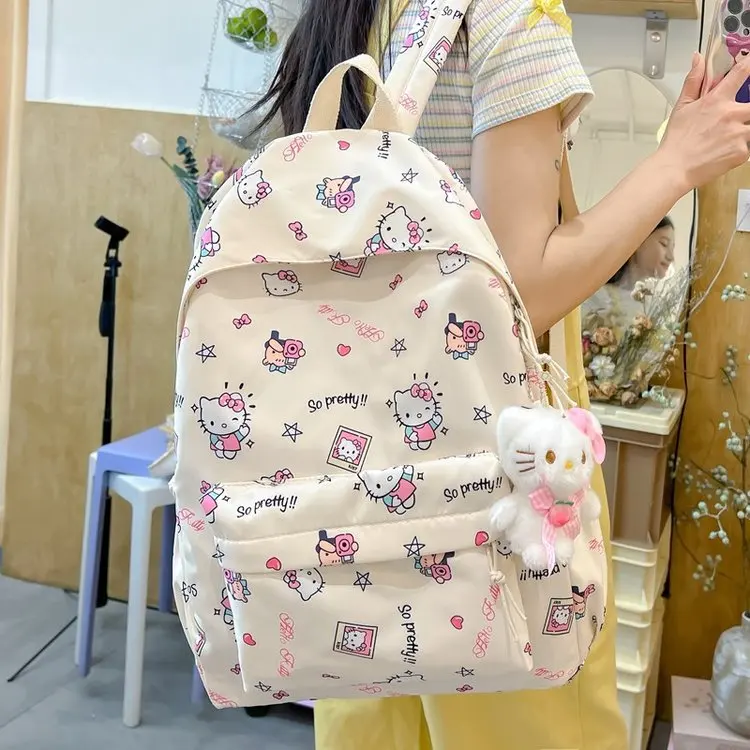 Mochila de Hello Kitty para estudiantes de secundaria, bolso escolar de dibujos animados, de gran capacidad, para mujer