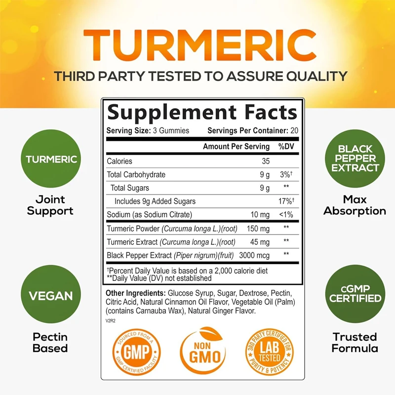 Curcumin contains 95% curcumin and black pepper, which can absorb joints to the maximum extent. Non GMO -60 gummies