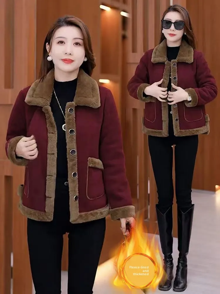 

Thiened Fce Lined Cotton Jaet Pure Color Warm Outerwear for Middle-Aged Women Winter Coat Sli Small Size Options