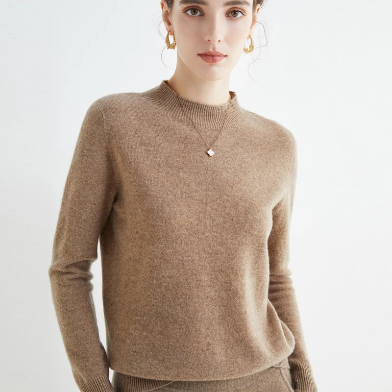 Half Turtleneck Loose Knitted T-shirt Women Elegant Solid Long Sleeve Casual Versatile Pullover Tops Casual 100% Wool Tops