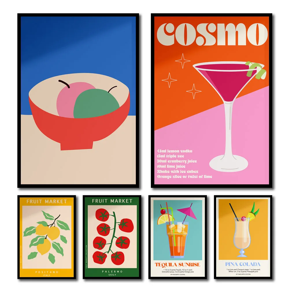 السانجريا شرب Negroni قماش اللوحة نادي بار متجر ديكور المنزل الكرتون عصير الفاكهة Mojito Aperol Spritz الملصقات والمطبوعات