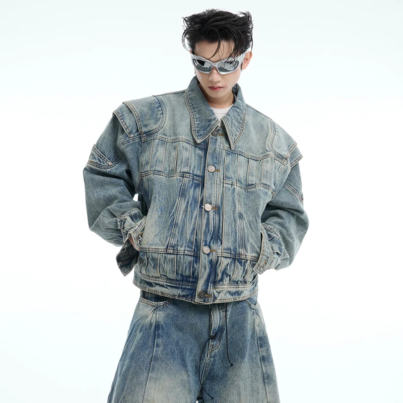 LUZHEN Origineel Niche-ontwerp Zakken Versieren Gewassen Denim Jas Herenmode High Street 2025, Nieuwe losse jeans met wijde pijpen LZ9410