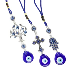 Lucky Eye Charm Alloy Tree of Life Palm Cross Amulet Tassel Turkish Evil Eye Pendant for Car Hanging Key Chain Women Men Jewelry