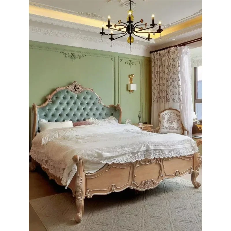 Retro solid wood soft bag  American bedroom furniture carved old wedding double bed master bed combination