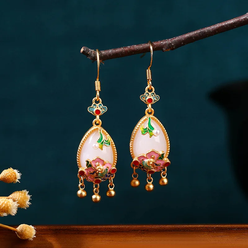 Natural Jade Flower Earrings Charm Amulet Designer Real Jewelry Vintage Accessories 18K Gold Plated Gifts for Women