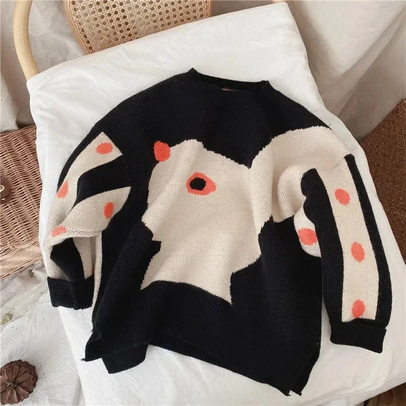 1-10 Years Kids Knitted Cartton Sweaters for Girls Loose Patchwork O Neck Christmas Sweater Toddler Baby Pullover Sweater Coat