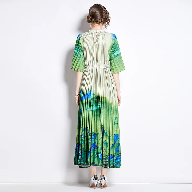 Imagem -04 - Vestido Maxi Plissado Feminino de Miyake Robe Longo Gola com Gola Frisada Meia Manga Estampada com Flores Cinto de Pérolas Solto Primavera 2023 Alta Qualidade