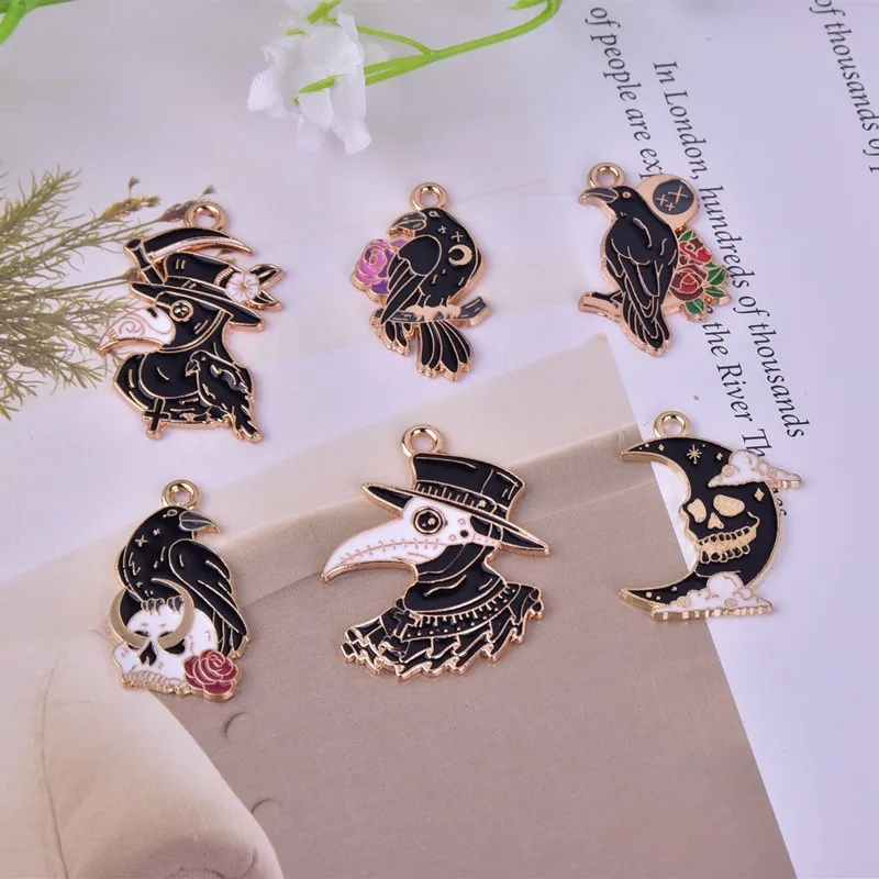 

10pcs Gothic Style Moon Skull Crow Enamel Charms for DIY Jewelry Making Earring Necklace Bracelet Keychain Pendants Accessories