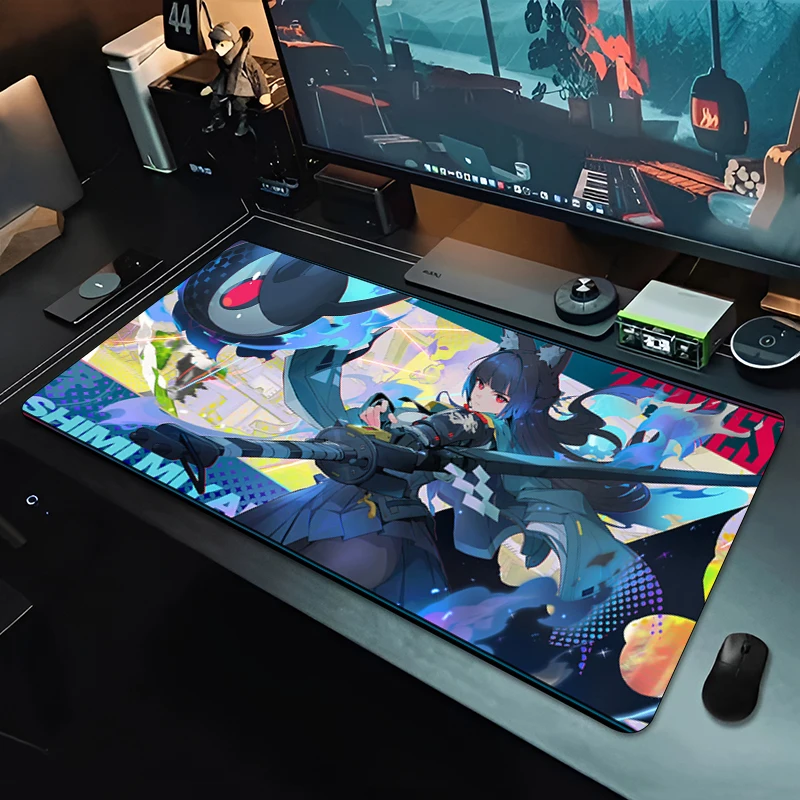 

Gaming Mouse Pad, Large Desk Mat, Anti-slip Base, Stitched Edges, Cool Blue Anime Cat Girl Print for Gaming & Office Desk Use
